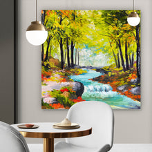 Lade das Bild in den Galerie-Viewer, Aluminiumbild gebürstet Fluss im Herbstwald Gemälde Quadrat
