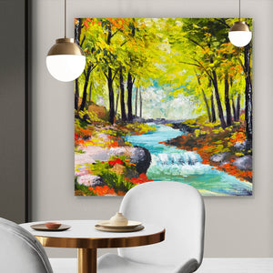Aluminiumbild Fluss im Herbstwald Gemälde Quadrat