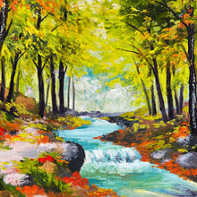 Lade das Bild in den Galerie-Viewer, Acrylglasbild Fluss im Herbstwald Gemälde Quadrat
