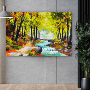 Poster Fluss im Herbstwald Gemälde Querformat