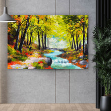 Lade das Bild in den Galerie-Viewer, Spannrahmenbild Fluss im Herbstwald Gemälde Querformat
