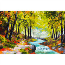 Lade das Bild in den Galerie-Viewer, Leinwandbild Fluss im Herbstwald Gemälde Querformat

