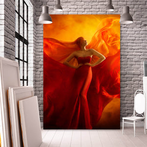 Acrylglasbild Frau im roten Feuerkleid Hochformat