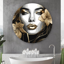 Lade das Bild in den Galerie-Viewer, Aluminiumbild Frau im Zeichenstil mit Gold Kreis
