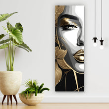 Lade das Bild in den Galerie-Viewer, Aluminiumbild Frau im Zeichenstil mit Gold Panorama Hoch

