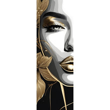 Lade das Bild in den Galerie-Viewer, Aluminiumbild gebürstet Frau im Zeichenstil mit Gold Panorama Hoch
