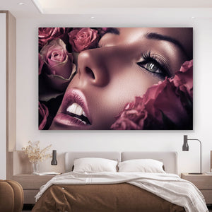 Acrylglasbild Frau in einem Rosenmeer Querformat