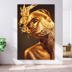 Acrylglasbild Frau in Gold Hochformat