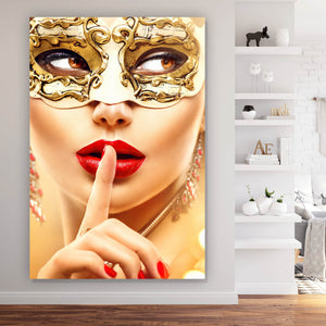 Acrylglasbild Frau mit goldener Maske No.2 Hochformat
