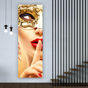 Acrylglasbild Frau mit goldener Maske No.2 Panorama Hoch