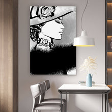 Lade das Bild in den Galerie-Viewer, Aluminiumbild Frau mit Hut im Zeichenstil Hochformat

