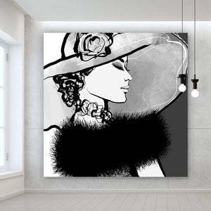 Aluminiumbild gebürstet Frau mit Hut im Zeichenstil Quadrat