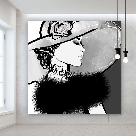 Acrylglasbild Frau mit Hut im Zeichenstil Quadrat