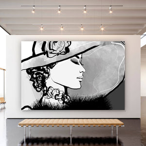 Aluminiumbild gebürstet Frau mit Hut im Zeichenstil Querformat