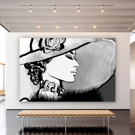 Aluminiumbild Frau mit Hut im Zeichenstil Querformat
