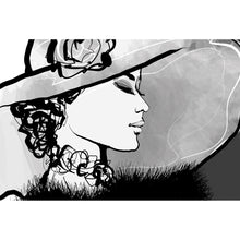 Lade das Bild in den Galerie-Viewer, Aluminiumbild Frau mit Hut im Zeichenstil Querformat
