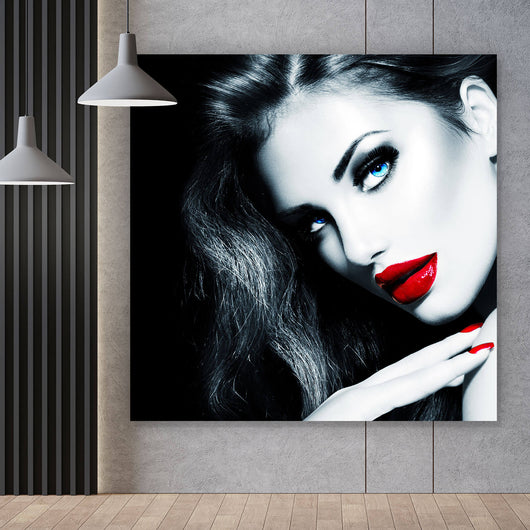Acrylglasbild Frau mit roten Lippen und blauen Augen Quadrat