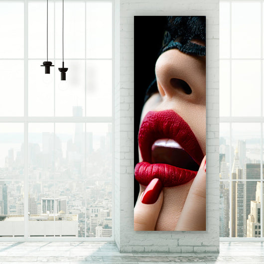 Acrylglasbild Frau mit Spitzen Maske Panorama Hoch