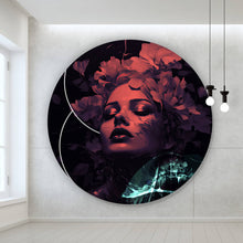 Lade das Bild in den Galerie-Viewer, Aluminiumbild Frauengesicht mit Blumen Modern Art Kreis
