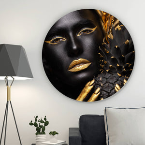 Aluminiumbild Frauenportrait Schwarz mit Gold Kreis