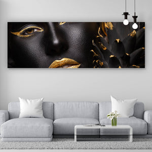Leinwandbild Frauenportrait Schwarz mit Gold Panorama