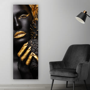 Aluminiumbild gebürstet Frauenportrait Schwarz mit Gold Panorama Hoch