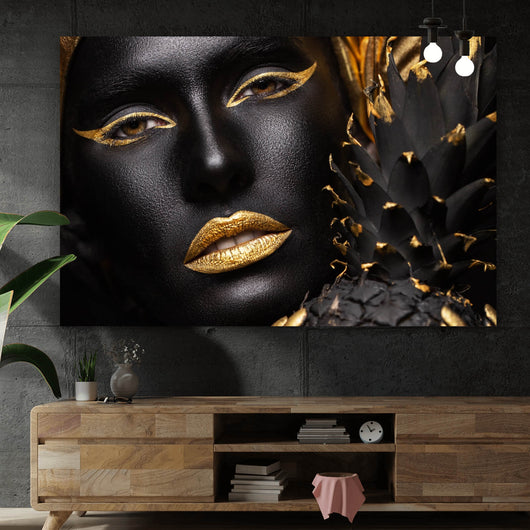 Leinwandbild Frauenportrait Schwarz mit Gold Querformat