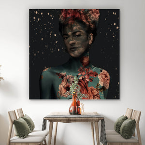 Aluminiumbild gebürstet Frida Vintage mit Blumen Quadrat