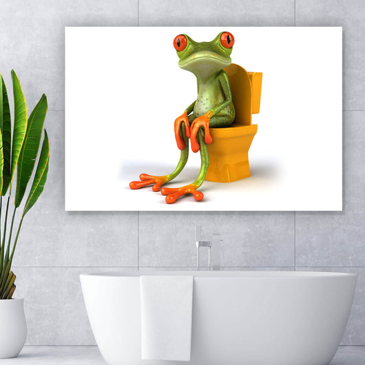Leinwandbild Frosch auf Toilette Querformat
