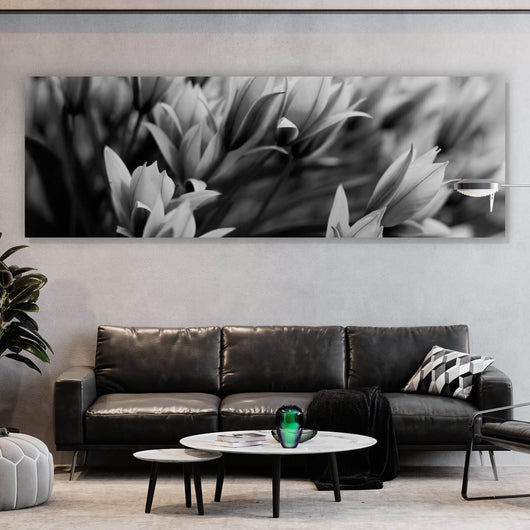 Aluminiumbild gebürstet Frühlingsblumen in Schwarz Weiß Panorama