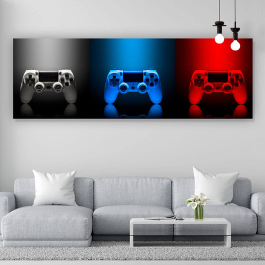 Spannrahmenbild Game Controller in drei Farben Panorama