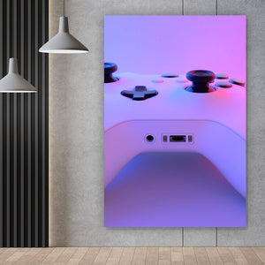 Spannrahmenbild Gaming Controller im Neonlicht Hochformat