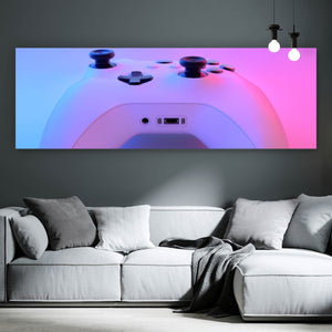 Spannrahmenbild Gaming Controller im Neonlicht Panorama