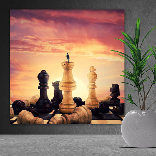 Acrylglasbild Gigantische Schachfiguren vor Sonnenaufgang Quadrat