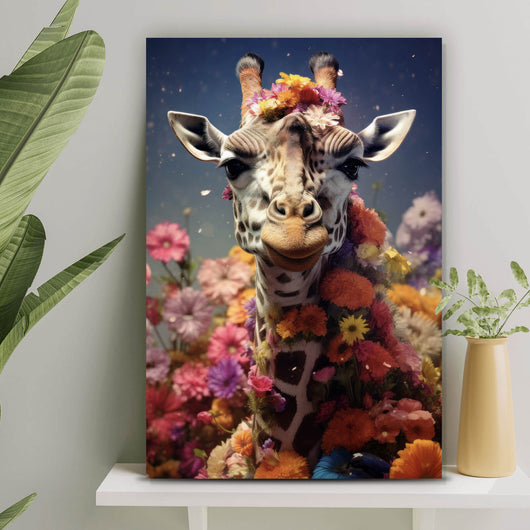 Spannrahmenbild Giraffe mit Blüten Hochformat