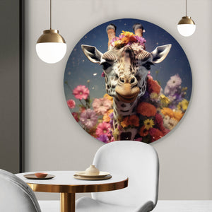 Aluminiumbild gebürstet Giraffe mit Blüten Kreis