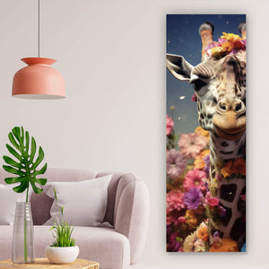 Spannrahmenbild Giraffe mit Blüten Panorama Hoch