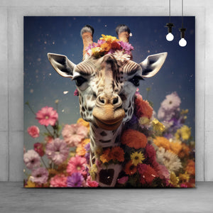 Spannrahmenbild Giraffe mit Blüten Quadrat