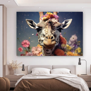 Aluminiumbild Giraffe mit Blüten Querformat