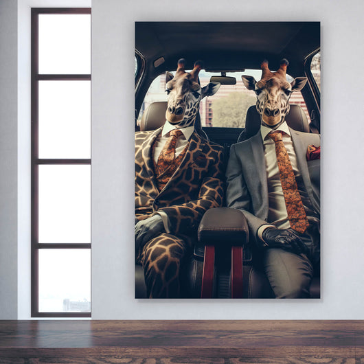Leinwandbild Giraffen Duo im Anzug Digital Art Hochformat