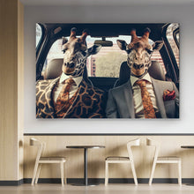 Lade das Bild in den Galerie-Viewer, Aluminiumbild Giraffen Duo im Anzug Digital Art Querformat
