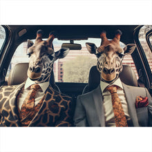 Lade das Bild in den Galerie-Viewer, Spannrahmenbild Giraffen Duo im Anzug Digital Art Querformat
