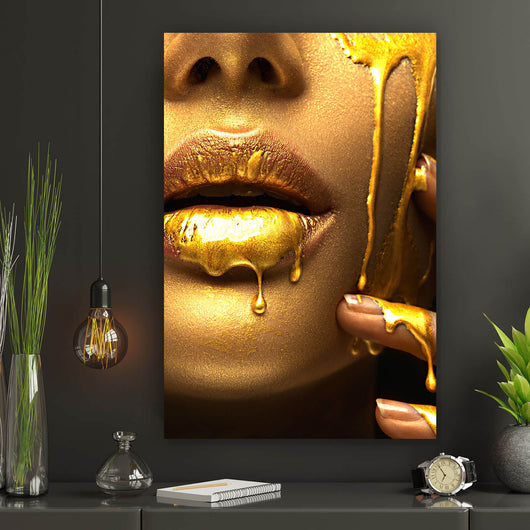 Aluminiumbild gebürstet Goldene Lippen No.4 Hochformat