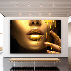 Aluminiumbild gebürstet Goldene Lippen No.4 Querformat