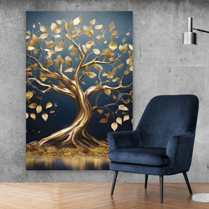 Leinwandbild Goldener Baum am Wasser Hochformat