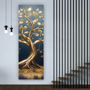 Spannrahmenbild Goldener Baum am Wasser Panorama Hoch