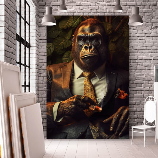 Spannrahmenbild Gorilla im Anzug Digital Art Hochformat