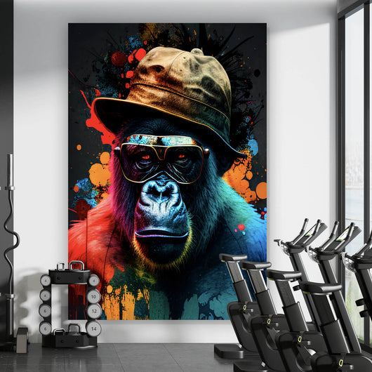 Spannrahmenbild Gorilla mit Brille und Hut Cool Pop Art Hochformat