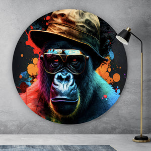 Aluminiumbild gebürstet Gorilla mit Brille und Hut Cool Pop Art Kreis