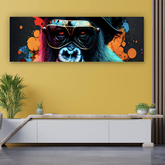 Leinwandbild Gorilla mit Brille und Hut Cool Pop Art Panorama